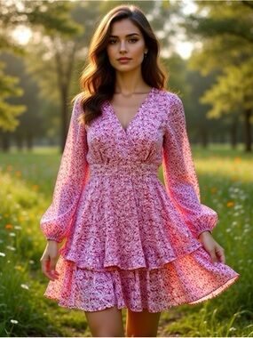 Japna Layered Chiffon Floral Flirty Fun Short Summer Dress Size Medium Pink